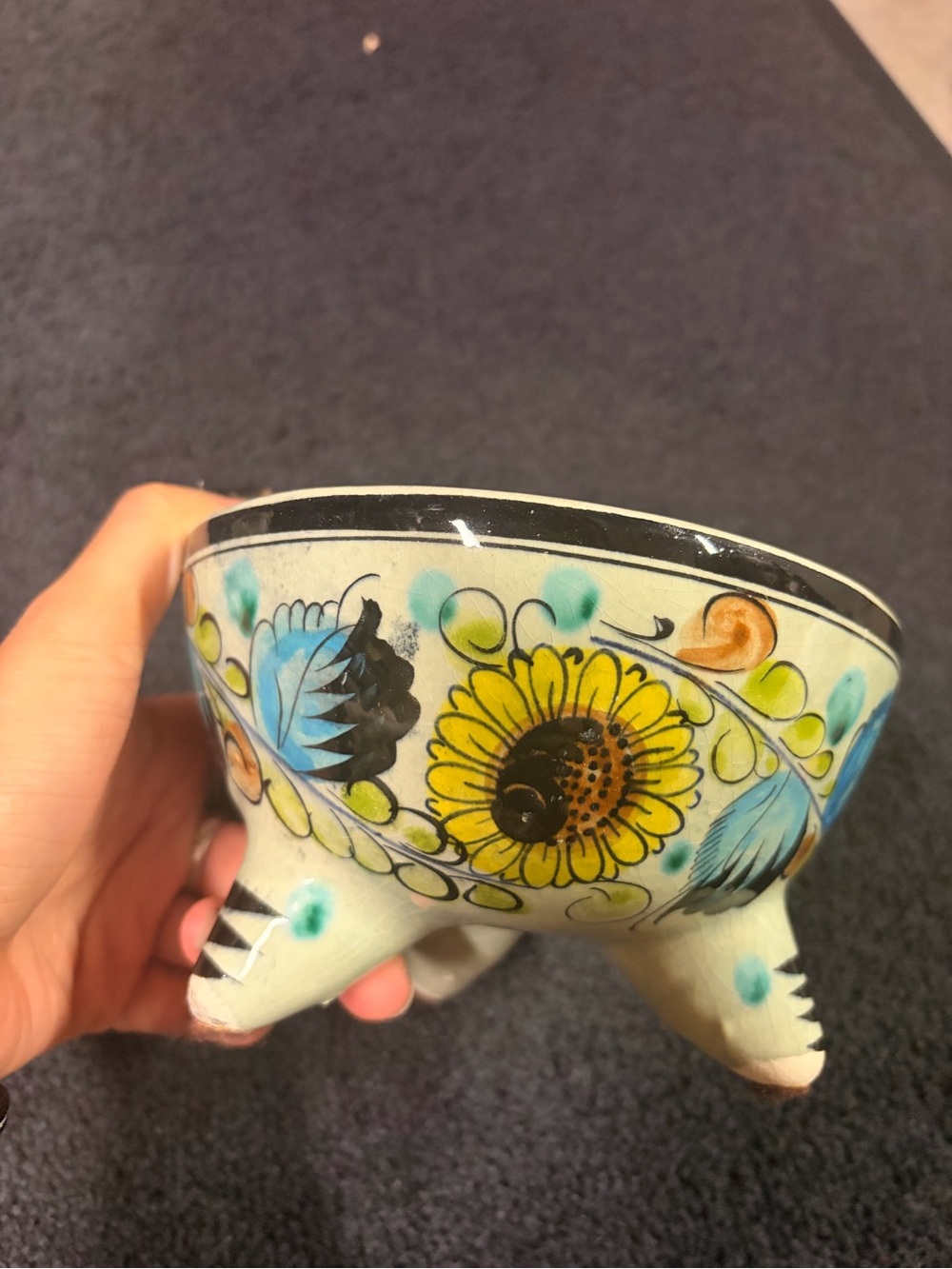 Hand-Painted Floral Ceramic Bowl in Yellow & Blue
